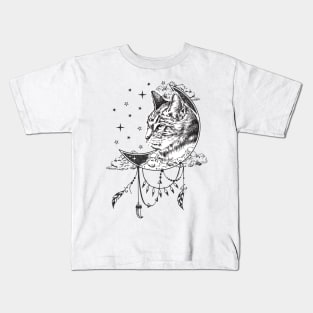 Boho Drawing Cat Face Illustrator Kids T-Shirt